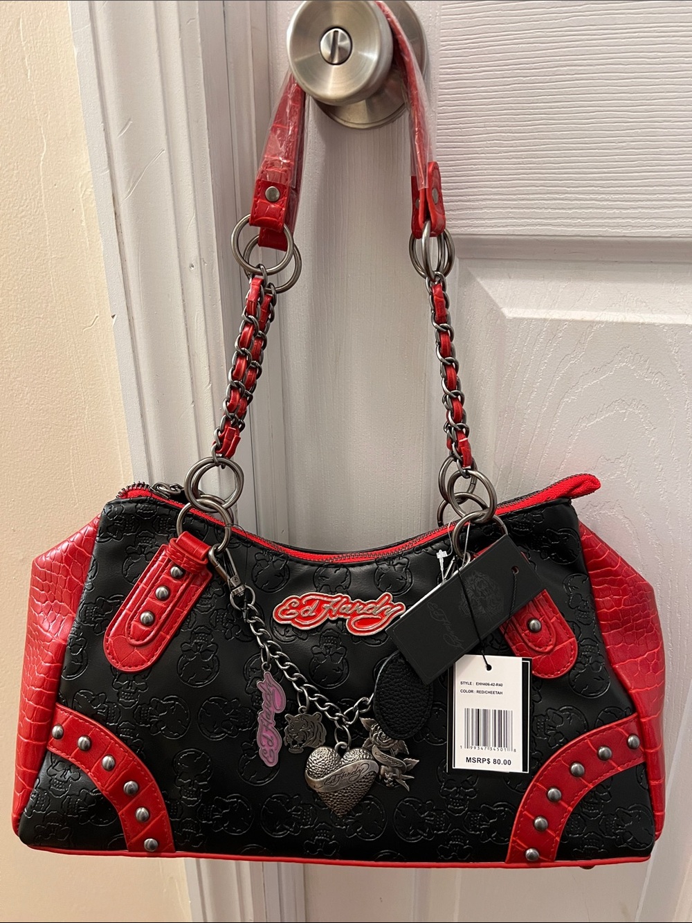 Ed Hardy Black and Red Tote Embossed Skull Cheetah Chains & Charms